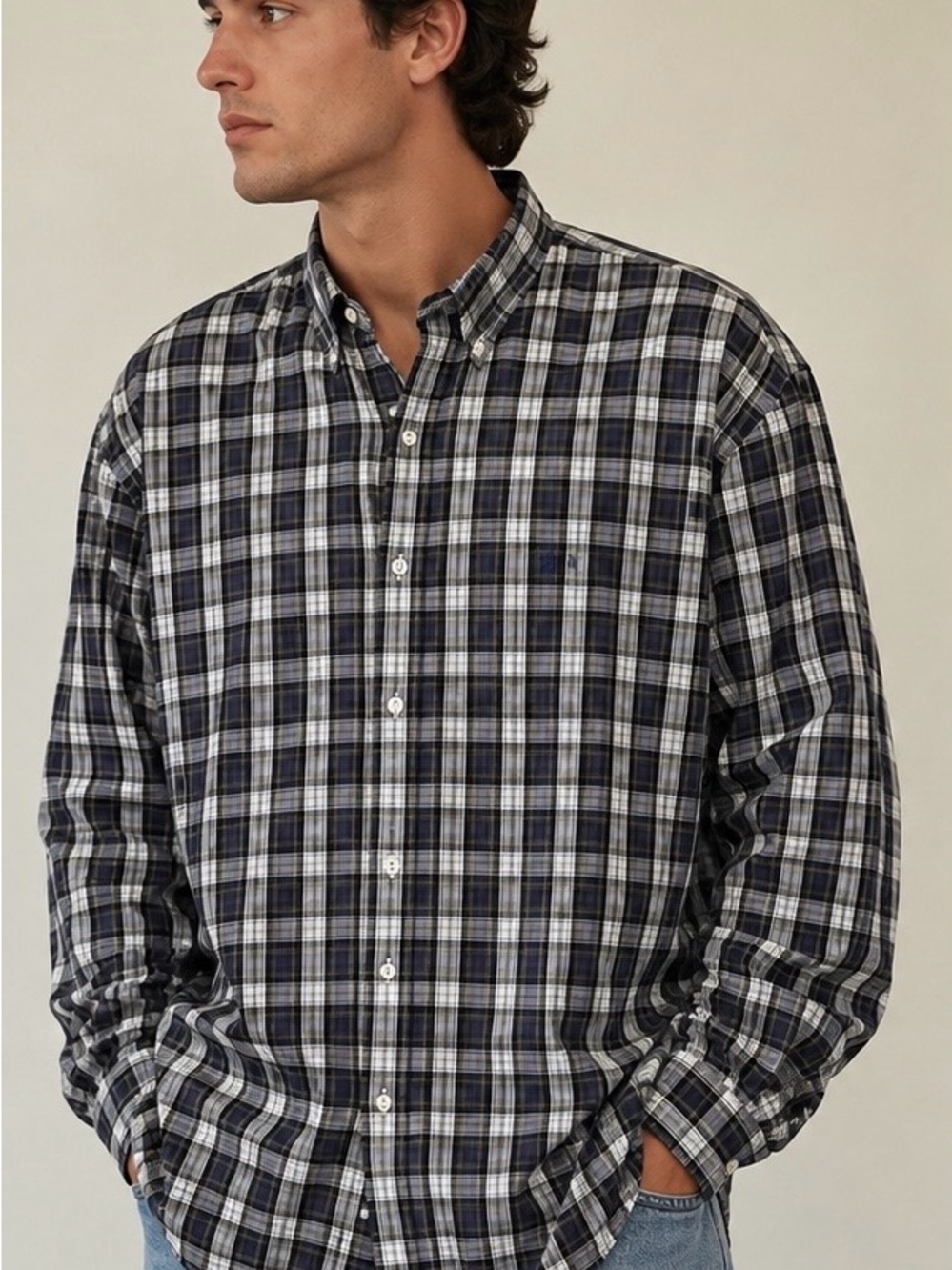 Men's Navy and White Plaid Button-Down Shirt